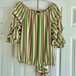 Coco Bianco Off Shoulder Top L Striped Puff Sleeve Festival Cottagecore Romantic